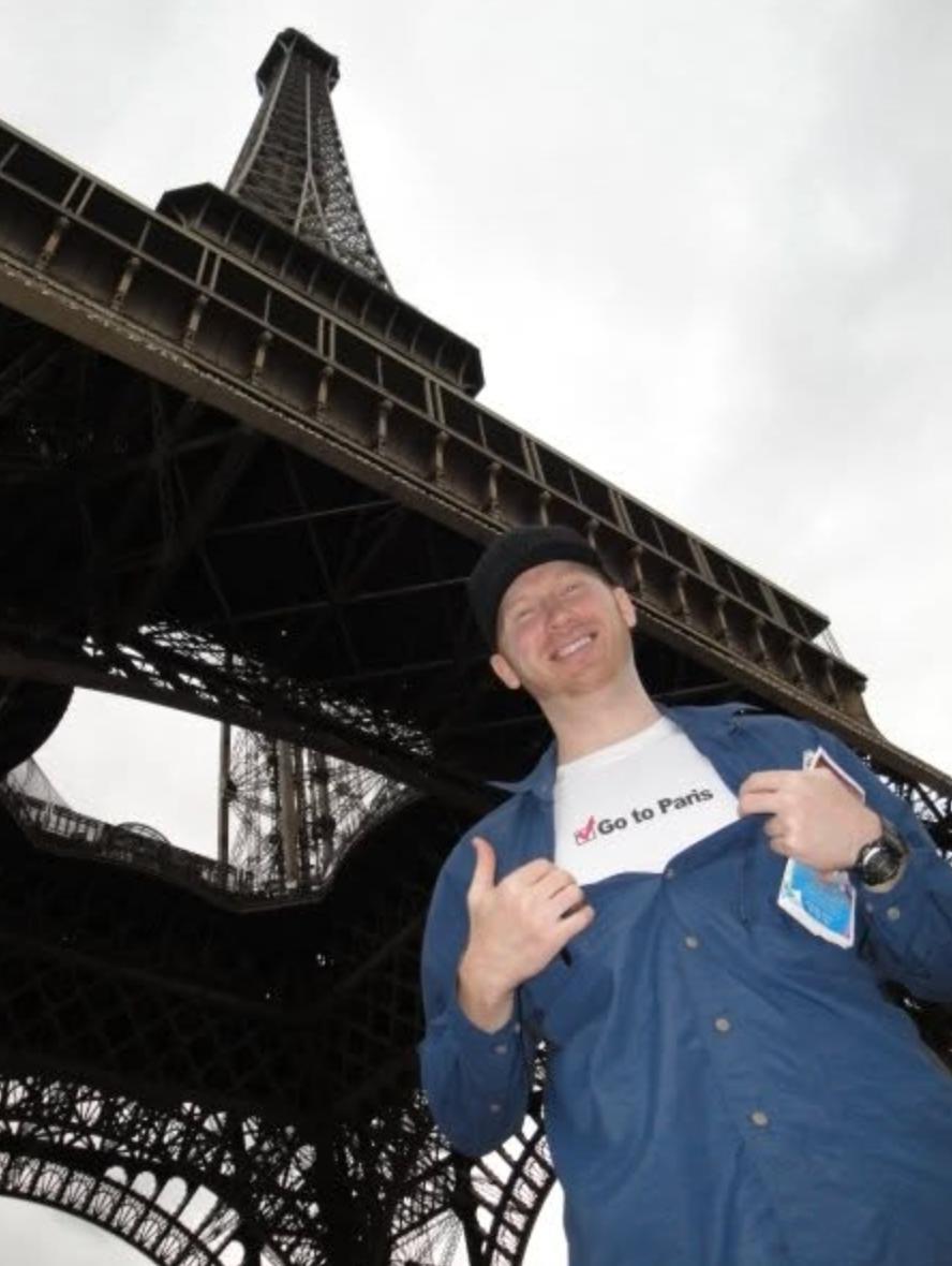 The original Go to Paris achievement shirt at the Eiffel Tower in 2009